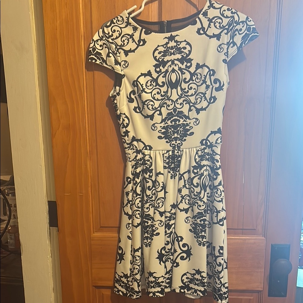 B Darlin White and Black Fit and Flare Mini Dress with Flutter Sleeves